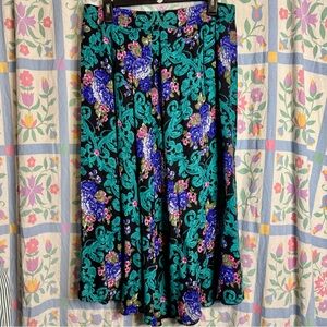 Vintage Black And Turquoise Floral A-Line Elastic Waist Flowy Skirt